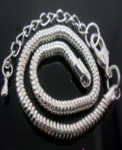 wholesale in bulk low price 20pcs/lot copper base silver plated lobster clasp chain 3mm bracelets 20cm+7cm fit european charms beads9133691, Black
